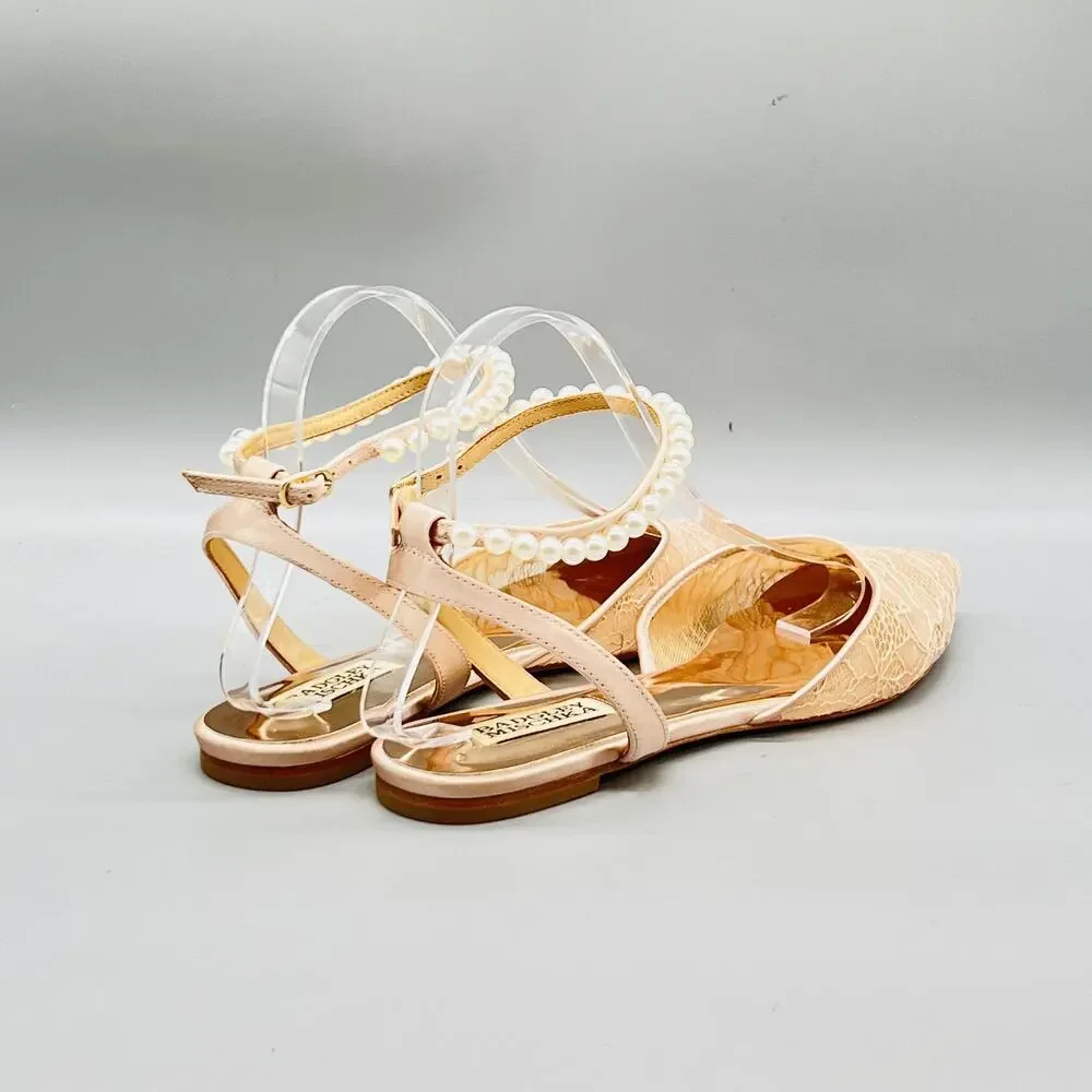 Badgley Mischka Shoes Womens 8 Pink Lace Slingback Flats Bridal Pearl Strap